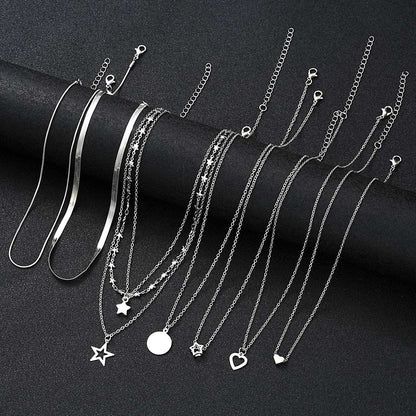 9 Peças Colares Simples Tipo Choker para Mulheres Moda Coração Amor Estrela Pingente Colar Camadas Joias Presente Europeu e Americano 2024