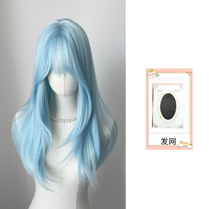 Lce Blue Wig with Bangs 22inch Middle Straight Hair Wig Lolita Nature Looking Headband Heat Resistant Fibers Synthetic Wigs ??