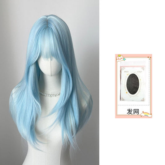 Lce Blue Wig with Bangs 22inch Middle Straight Hair Wig Lolita Nature Looking Headband Heat Resistant Fibers Synthetic Wigs ??