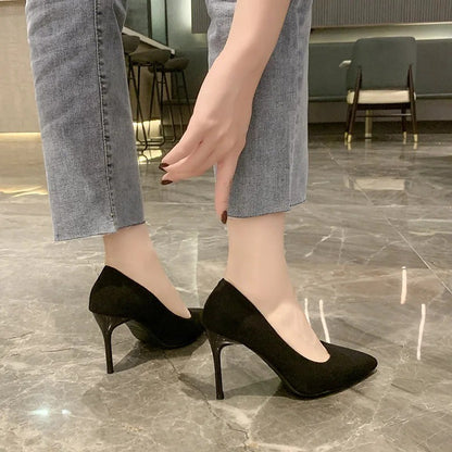 Primavera e outono novos sapatos femininos de salto alto preto, boca rasa pontiaguda fina com temperamento sexy, sapatos únicos, Zapatos De Mujer