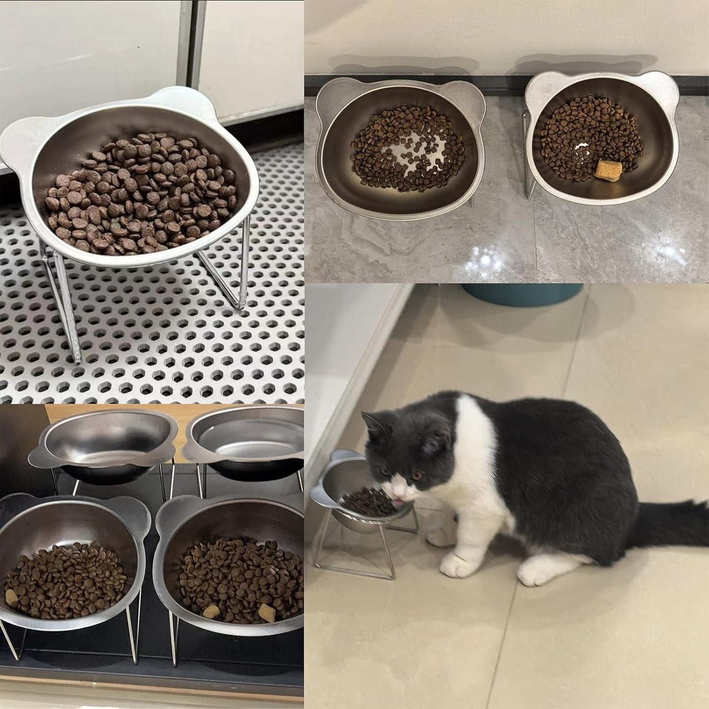 Tigelas Elevadas Estáveis para Gatos, Tigelas Elevadas para Cães com Proteção de Pescoço a 15°, Tigela de Comida para Gatos Inquebrável de Aço Inoxidável 304 para Filhotes e Gatos