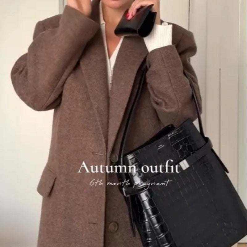 Women Shoulder Pad Wool Long Coats Fashion Lapel Single-breasted Long Sleeve Coat Chic 2025 Autumn Lady Commute Street Outerwear