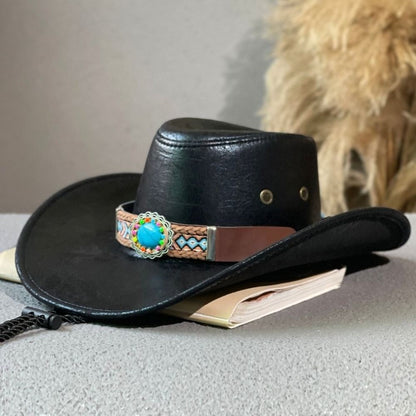 Chapéu de Cowboy Ocidental de Couro PU Simples com Aba Larga e Cordão, Boné Bucket com Proteção Solar, Chapéu para Viagem ao Ar Livre, Chapéu de Caminhada, Chapéu de Pescador, Chapéu de Viagem