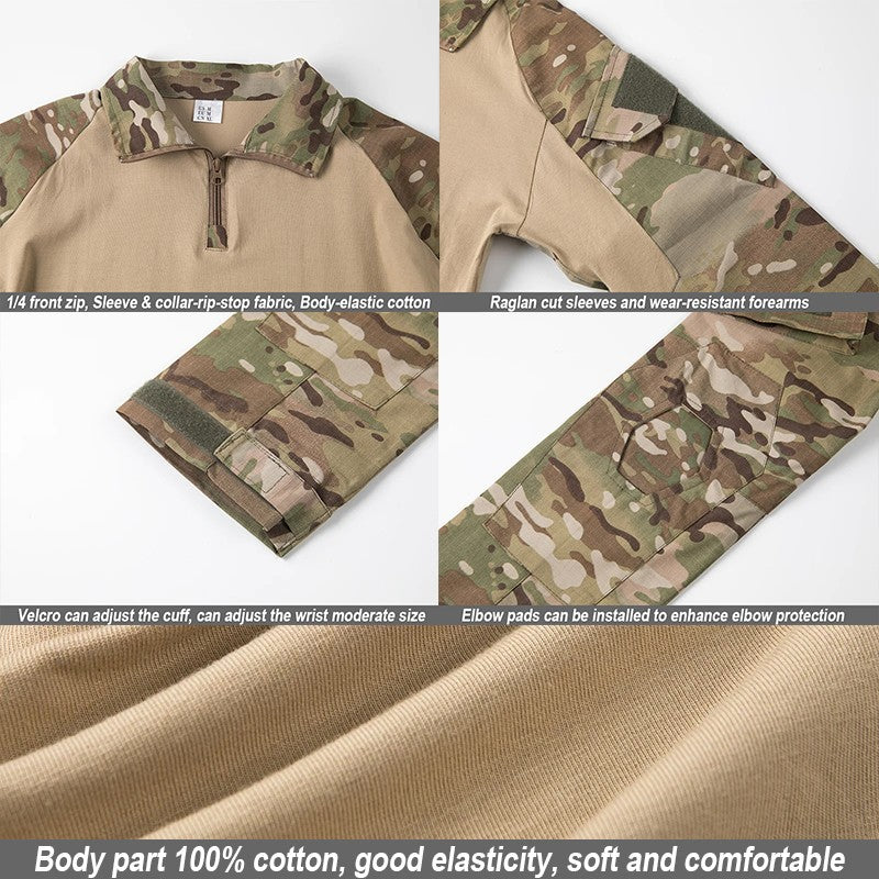 Men's Outdoor Long Sleeve Combat Shirt Cargo 1/4 Zipper Ripstop Cotton Tactical Shirts US Army Camoufalge Airsoft Clothing