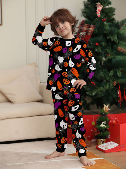 Kids Halloween Pajamas Set - All - Over Colorful Pumpkin & Ghost Print Sleepwear