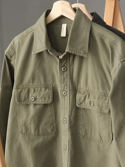 2025 Spring New American Retro Heavyweight Woven Cargo Shirt Men's Simple 100% Cotton Washed Double Pocket Blousers Loose Caot