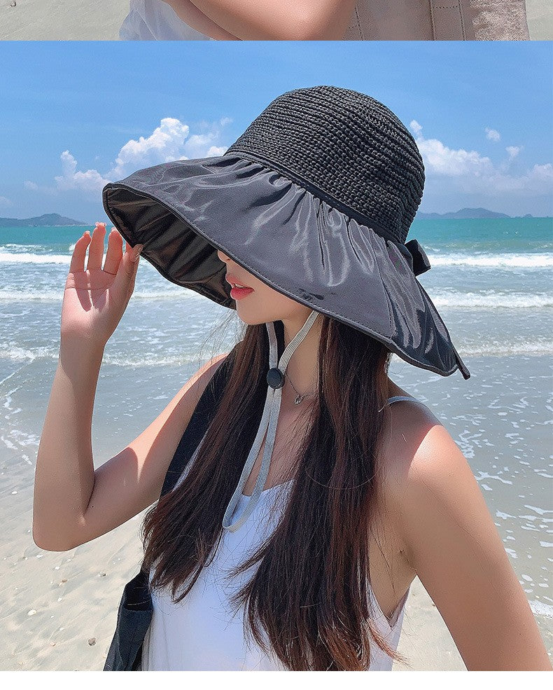 Summer Sun hat women's straw woven anti ultraviolet sun visor hat with big brim seaside black glue breathable Bucket hat sun hat
