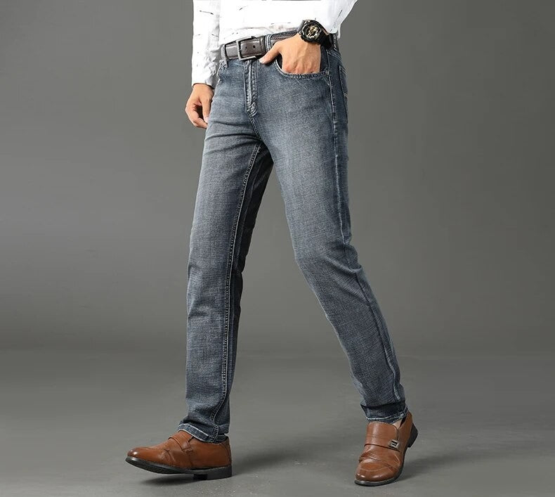 Wthinlee Calça Jeans Masculina Nova, Casual, Reta, Elástica, Moda Clássica, Azul, Preta, Trabalho, Calças Jeans Masculinas de Marca
