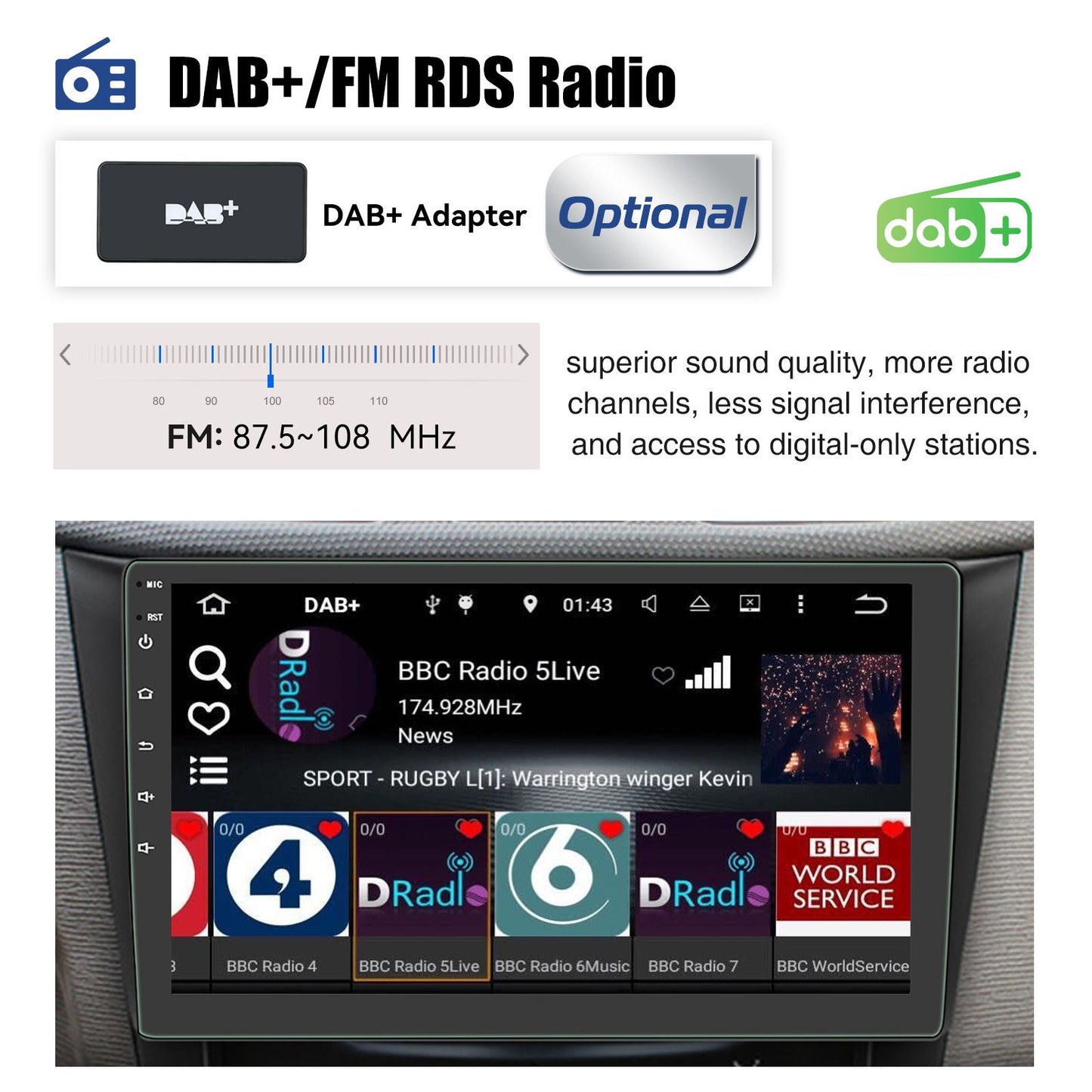 ESSGOO 4+64G Auto Rádio Multimídia Sem Fio CarPlay Android Auto Duplo 2 DIN 9" IPS Tela Sensível ao Toque GPS SAT NAVI FM DAB+ WIFI