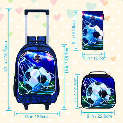 Mochila de Rodinhas para Meninos, Mochila Escolar com Rodas - Mochila Escolar Primária com Rodas - Kit Mochila de Futebol 3 Peças