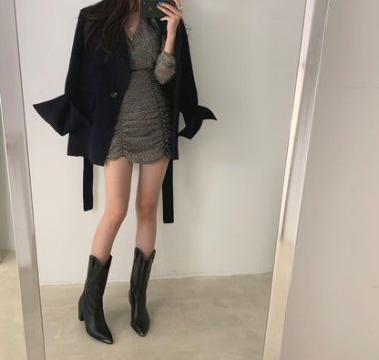 Retro Chic Autumn Winter Woolen Coat One Button Long Sve Suit Collar Waist Cinched Side Slit Warm Knitwear for Women