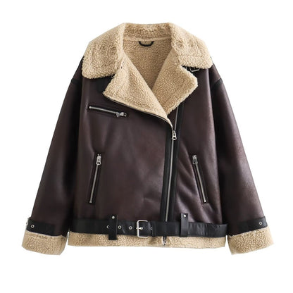 Autumn New Women's European and American Style Loose Fashion with Belt Double sided Collar Jacket Coat