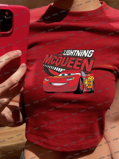 2025 Summer New Lightning Mcqueen Print T-shirt For Women Short Sleeve Crop Top Streetwear O-neck Tees Vintage Casual Y2k Tops