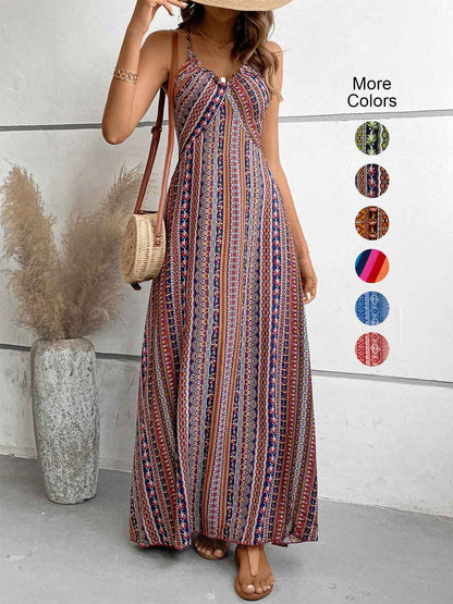 Women's Summer Ethnic Pattern Backless Split Thigh Dress Ladies Summer Clothes Boho Fashion Frill Trim Long Dress for Beach