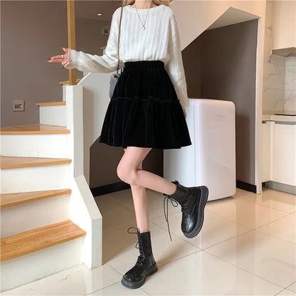 Black Velvet Patchwork Mini Skirt Women Sweet Solid A Line High Waist Skirt Fashion Pretty Style Pleated Summer Student Skirt