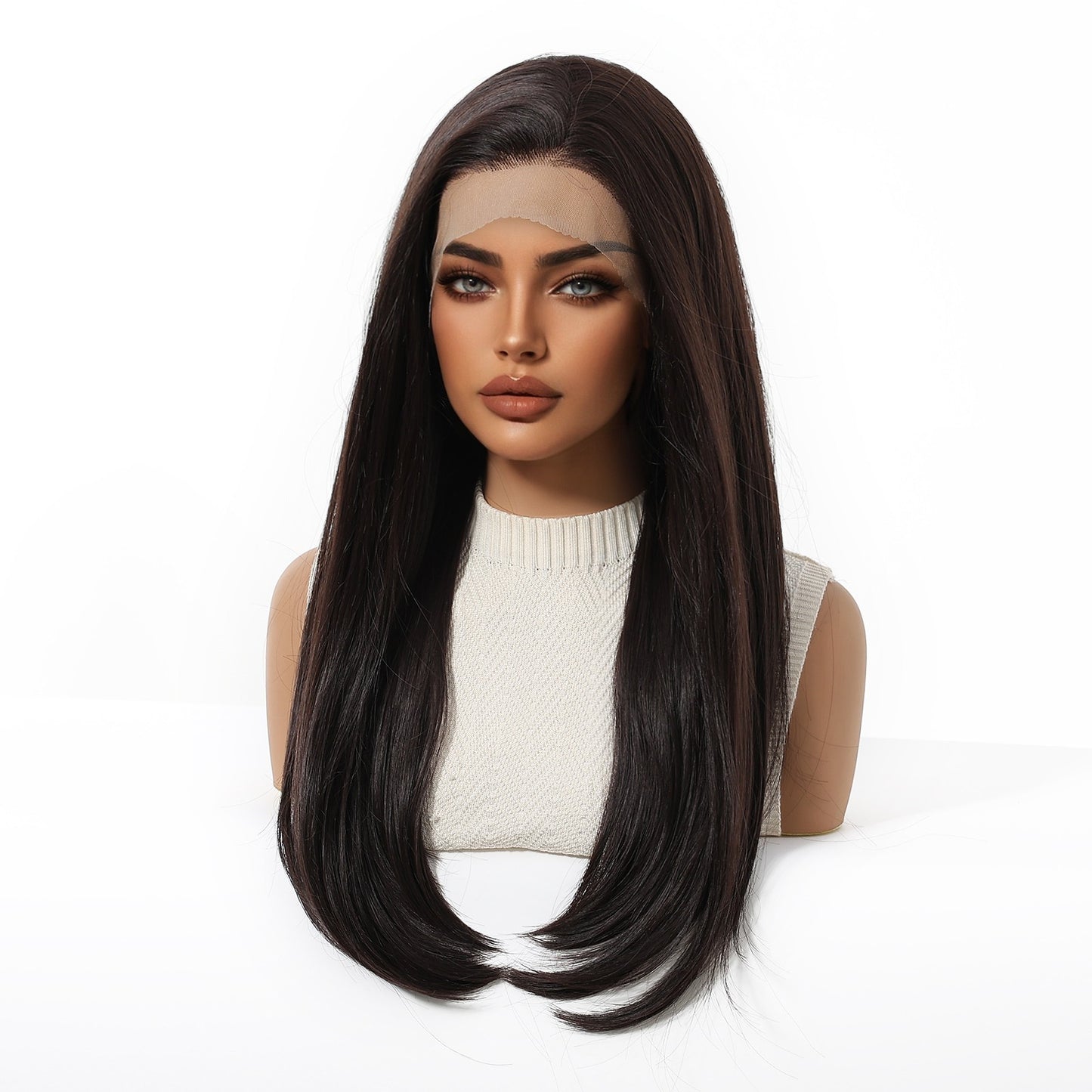 HENRY MARGU Perucas Sintéticas Front Lace 13x4 Cabelo Liso Sedoso Longo Peruca Marrom Escuro para Mulheres 55 cm Resistente ao Calor Uso Diário