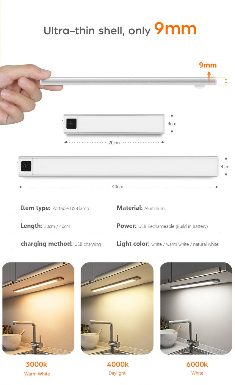 Ultra-thin USB LED Cabinet Light Hand Sweep / PIR Motion Sensor LED Rechargeable Aluminum kitchen Lamp Portable Night Lighting