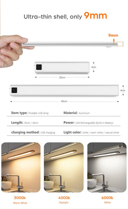 Ultra-thin USB LED Cabinet Light Hand Sweep / PIR Motion Sensor LED Rechargeable Aluminum kitchen Lamp Portable Night Lighting