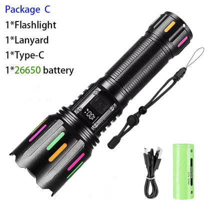 Super Powerful LED Flashlight 1000000LM High Power Torch Strong Light 800W Led Flash Light Rechargeable Hunting Tactical Lantern