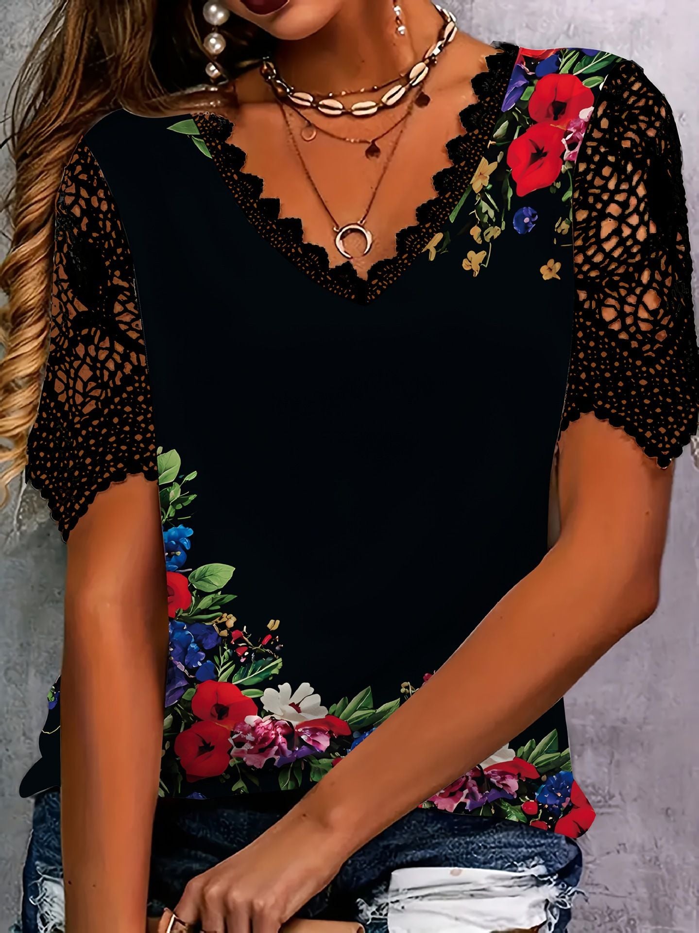 New Boho Flower Blouses Womens Fashion Shirt V-Neck Short Sleeve Flower Print Shirt Tops Casual Loose Ladies Floral Lace