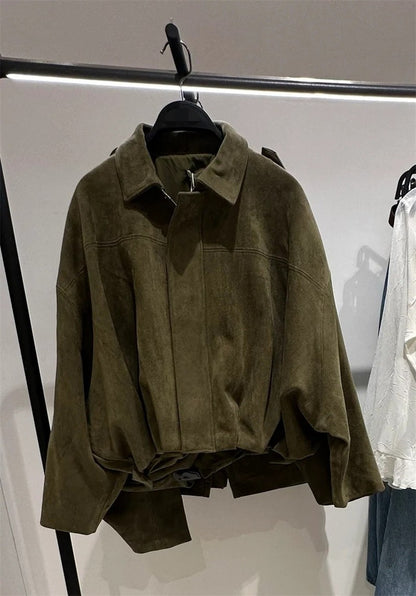 Women's Jacket Fall 2025 New Solid Color Long-Sleeved Faux Suede Loose Bomber Jacket Casual Fashion Personality Versatile