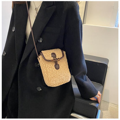 Fashion Winter Lambswool Phone Bag Sweet Lovely Portable Women Wallets Square Purse Faux Fur Plush Shoulder Bags Purses Handbags