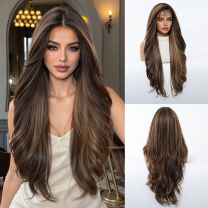 HENRY MARGU Peruca Sintética Lace Front 13x6 Peruca Longa Castanho Cinza Cabelo Ondulado Natural para Uso Diário Peruca de Fibra de Alta Temperatura