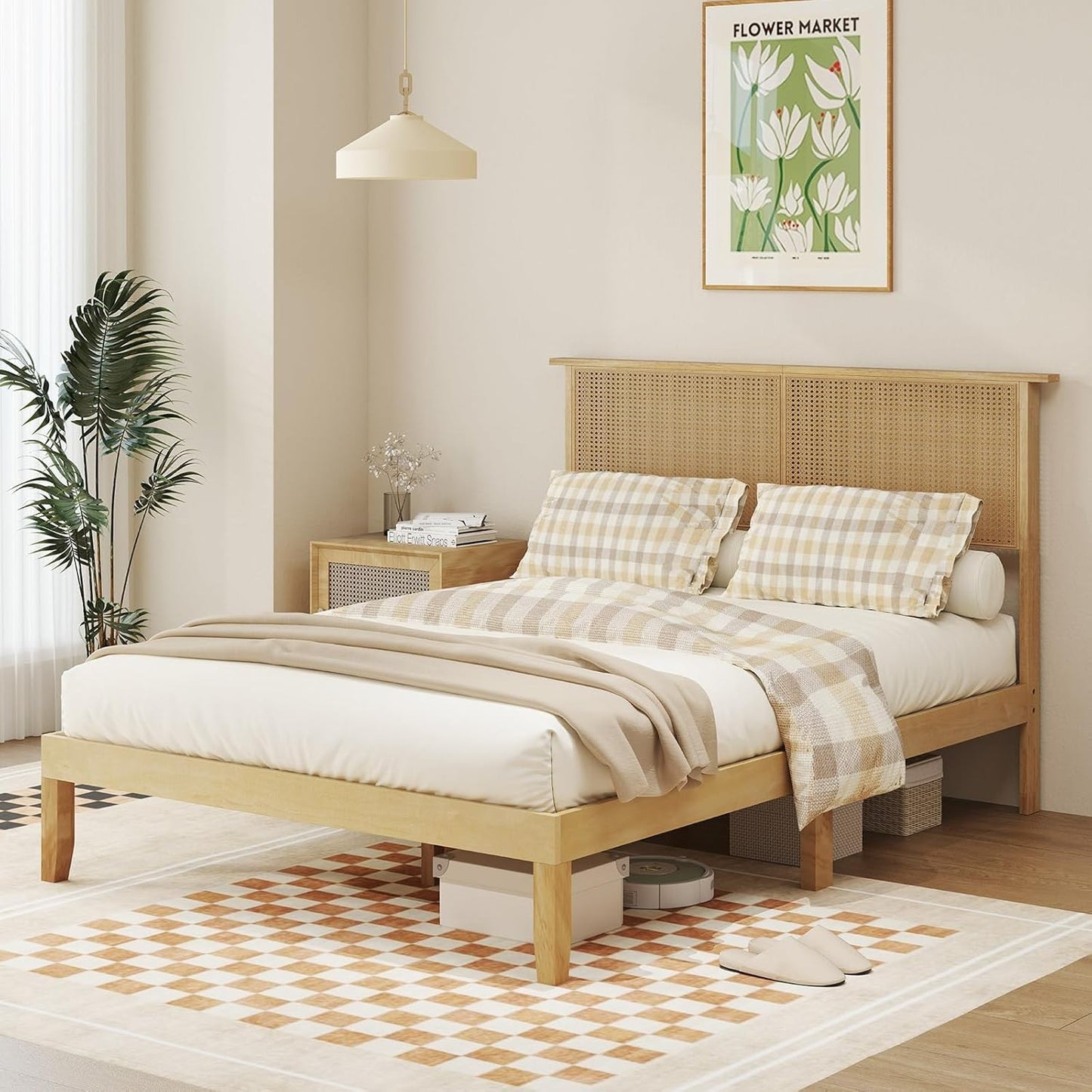 Full Size Wood Platform Bed Frame with Rattan Headboard, Boho Rubber Wood Bed Frame with Plywood Slats & Under-Bed Stora