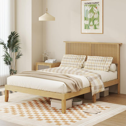 Full Size Wood Platform Bed Frame with Rattan Headboard, Boho Rubber Wood Bed Frame with Plywood Slats & Under-Bed Stora
