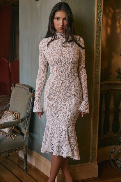 Mozision Lace Long Sleeve Sexy Midi Dress For Women Elegant White Half High Coll