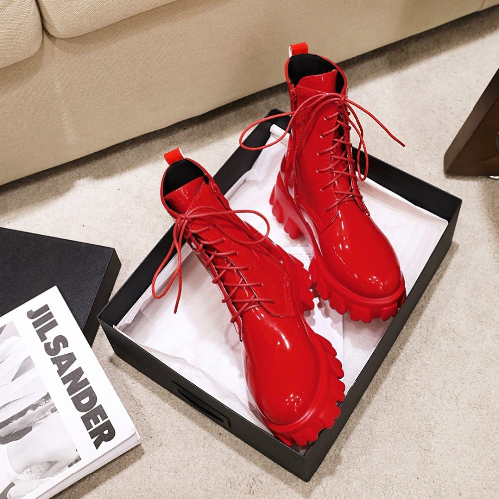 Women Boots Patent Leather Platform Shoes Brand Ankle Fashion High Heel Boots Women Autumn Winter Warm Platform Boots Black Red