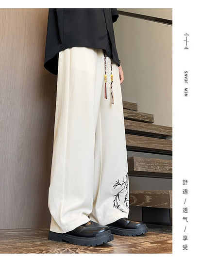Novas Calças de Seda Gelo Chinesas Masculinas Verão Fina Solta Perna Larga Marca de Moda Seda Gelo Estilo Chinês Calças Casuais Bordadas Frescas