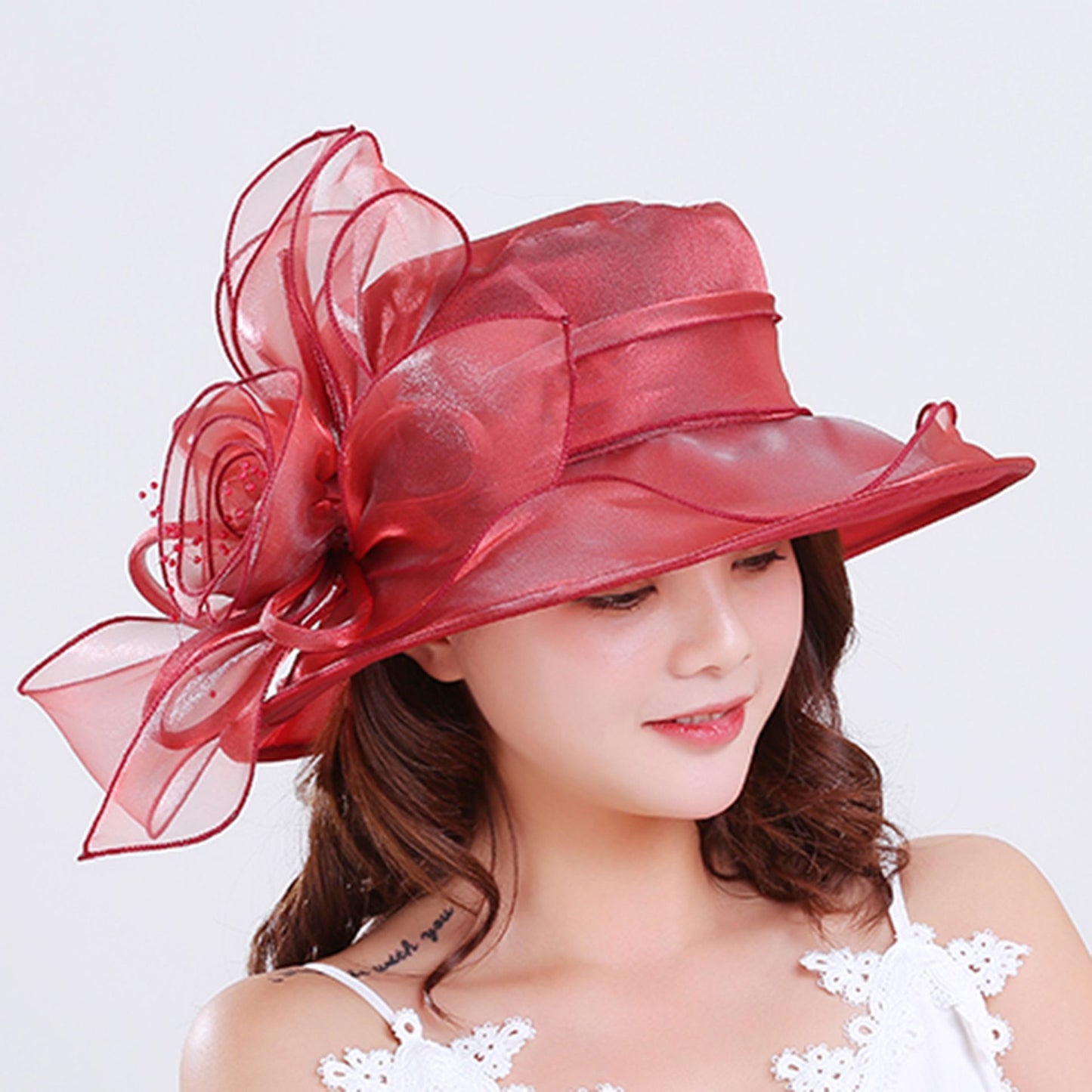 1 Chapéu Feminino De Organza Com Babados E Aba Larga Chapéu De Sol De Verão Para Noivas Estilo Europeu E Americano Chapéu Requintado Para Festas E Praia