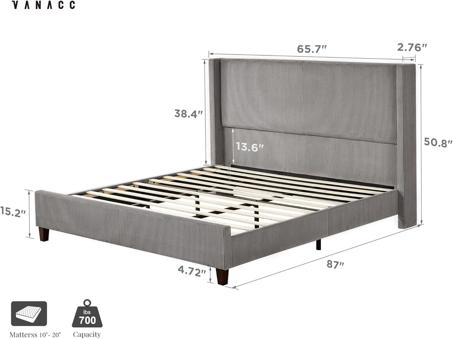 Base de Cama Queen Size Plataforma, Cama Estofada em Veludo Cotelê 129 cm com Cabeceira Estofada em Canal Vertical/Estrado de Madeira/Asa Lateral