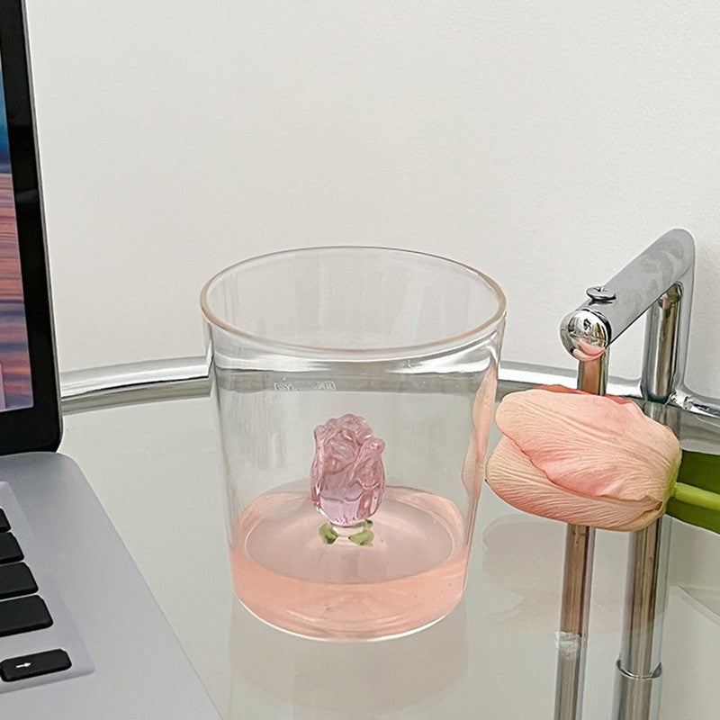 Copo de Vidro INS Copo Térmico Resistente ao Calor Transparente para Suco Leite Café Design Único Copo de Vidro Rosa 3D Copos de Água Utensílios de Bar