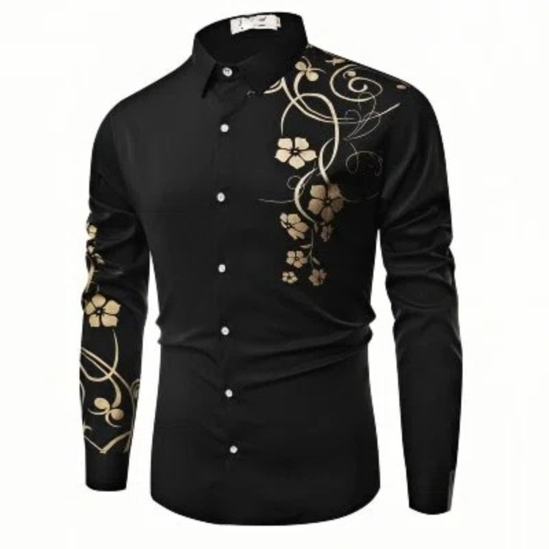 2025 Luxury Gold Flower European and American Popular Printed Long Sleeve Shirt for Luxury Parties Wearing Button Up Top