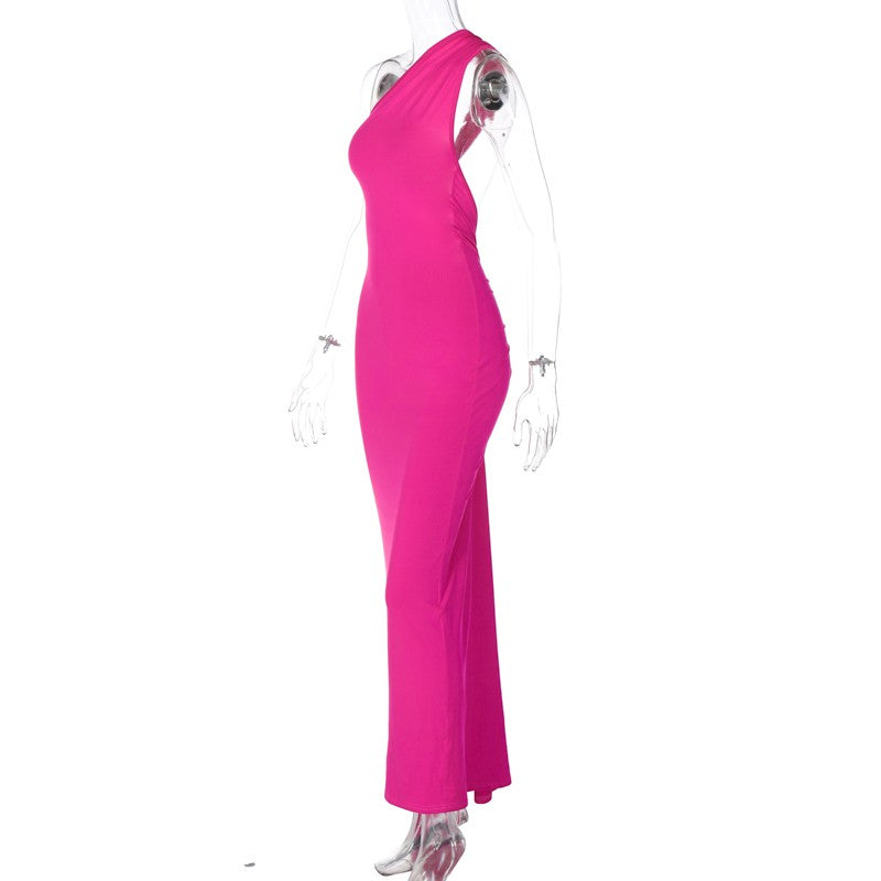 Hugcitar One Shoulder Backless Adjustable Scarf Loop Ruched Sexy Maxi Dress Wome