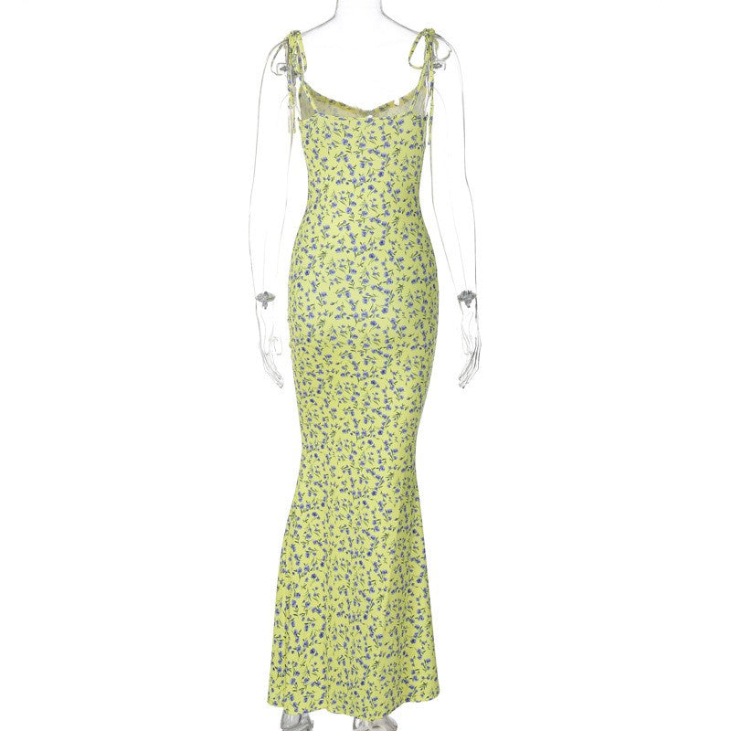 Hugcitar Floral Print Sleeveless Backless Slips Lace Up Maxi Dress Sexy Bodycon