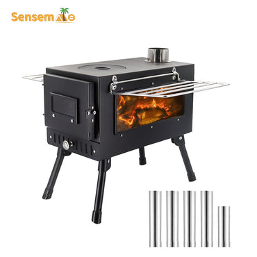 Fogão a Lenha Dobrável para Acampamento, Aquecedor de Tenda Portátil com Chaminé Destacável de 5 Seções, Queimador de Lenha para Pesca no Gelo, Para Cozinhar e Churrasco ao Ar Livre