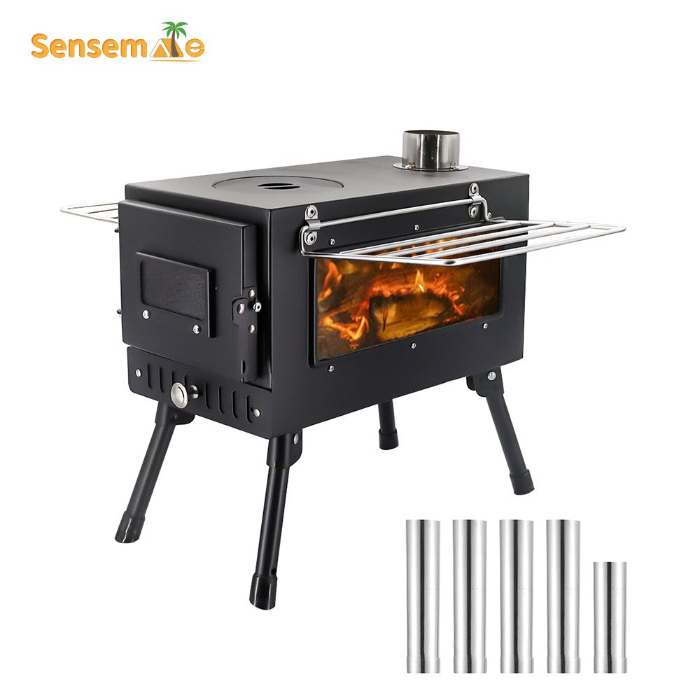 Fogão a Lenha Dobrável para Acampamento, Aquecedor de Tenda Portátil com Chaminé Destacável de 5 Seções, Queimador de Lenha para Pesca no Gelo, Para Cozinhar e Churrasco ao Ar Livre