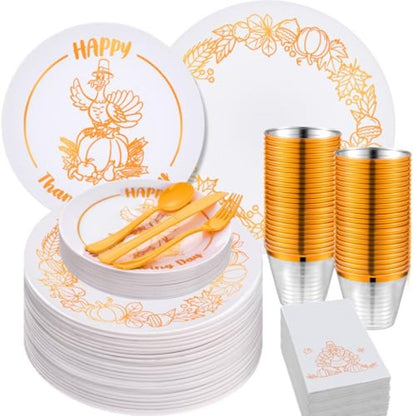 280 Pcs Thanksgiving Plastic Dinnerware Set, Thanksgiving Plates Sets, Includes Dinner Plates Dessert Plates Cups Fall Paper Nap