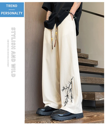 Novas Calças de Seda Gelo Chinesas Masculinas Verão Fina Solta Perna Larga Marca de Moda Seda Gelo Estilo Chinês Calças Casuais Bordadas Frescas