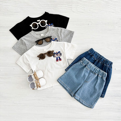 2025 Summer New Baby Clothes Infant Robot Embroidery Top+Bottom Set Baby Boys Girls Casual Baby Set Newborn Baby Clothes 2Pcs