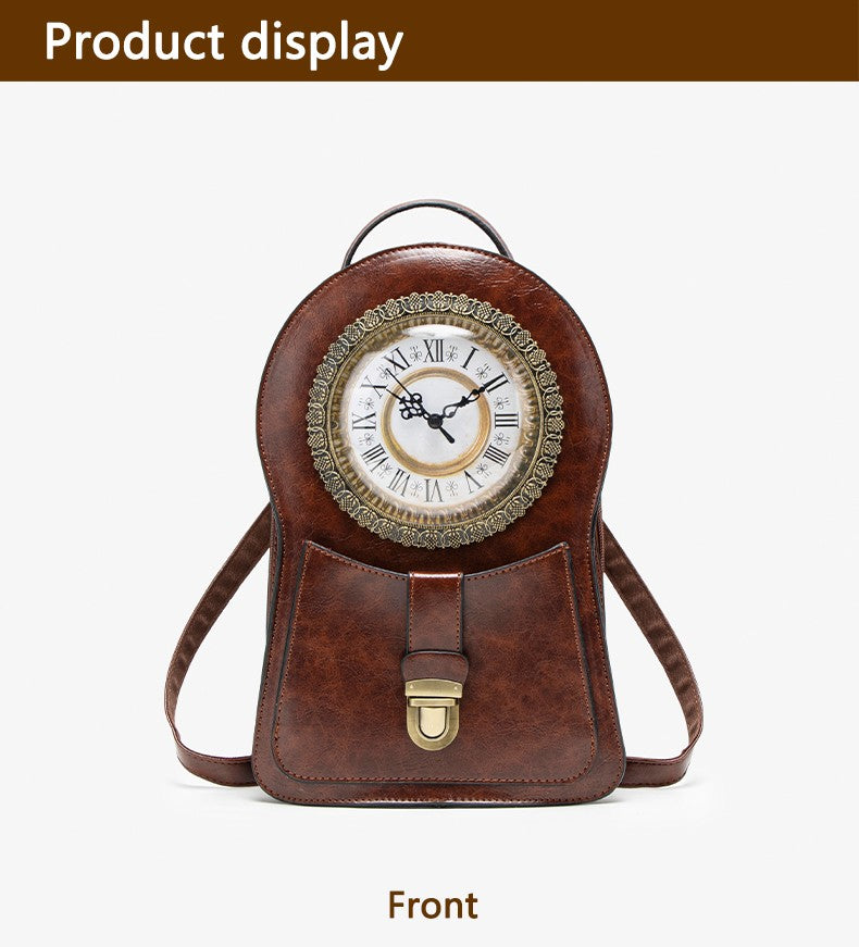 Vintage Clock Backpack, Clock-Style Fashion Shoulder Bag, Crossbody Backpack, Trendy Cool Clock Design, Large-Capacity Multifunctional Travel Bag, British Style Vertical Party Backpack, Waxed Leather Three-Dimensional Bag, Holiday Gift for Christmas