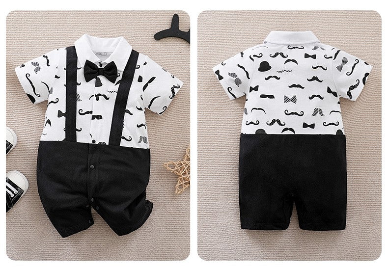Boys Cartoon Printed Clothes Short Sleeve Bow Tie Romper  Moustache Cotton Baby Gentleman Newborn Toddler Baby Jumpsuit Print