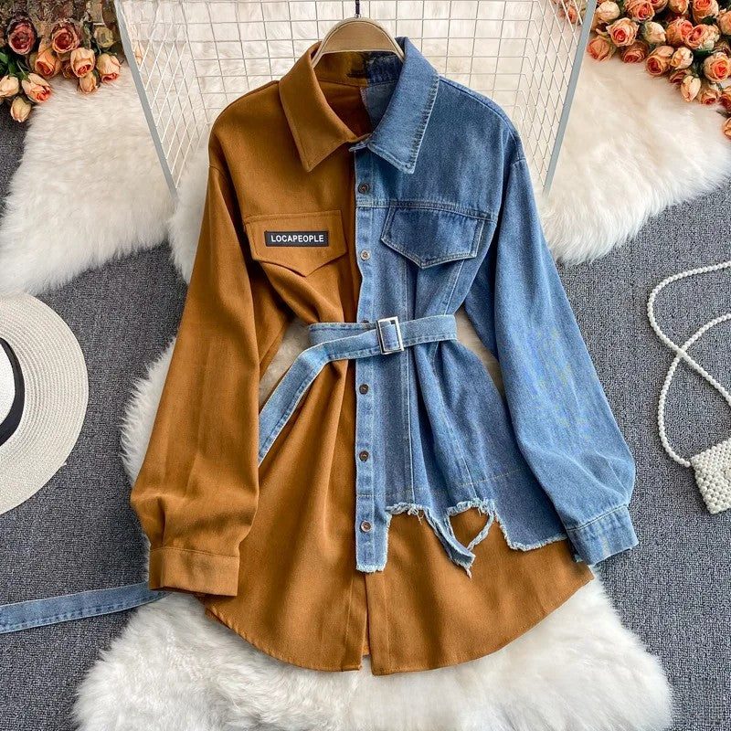 Slimming Denim Patchwork Lapel Dress Autumn Waist-fitted Medium-length Shirt