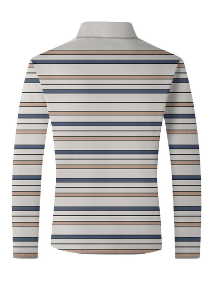 Men's Striped Long Sleeved T-shirt Polo Shirt Button Up Men's Stand Up Collar, Winter Double-sided German Velvet Base Shirt