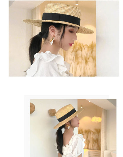 Chapéu de sol feminino de verão com aba larga, Fedora, palha de trigo natural, chapéu de praia, chapéu de sol feminino de ráfia, Panamá Jazz