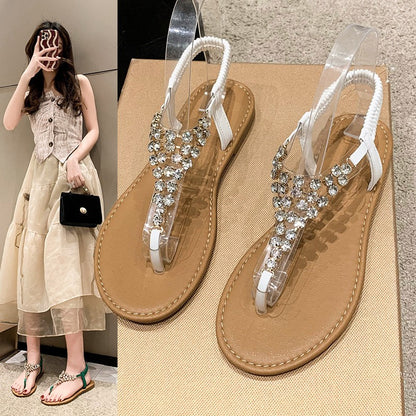 Summer New Flat Transparent Rhinestones Pintoe Women's Sandals, Fashion Casual Light Beach Cool, Shoes Women