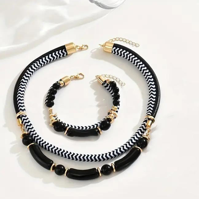 Conjunto 2 Peças Novo Colar e Pulseira de Metal Tubo Duplo Grosso Preto e Branco Estilo Hip-Hop Exagerado Para Uso Diário